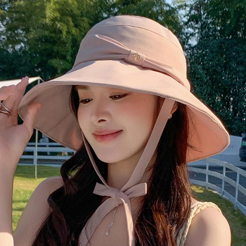 

Sunshade sunscreen bucket hat outdoor UV protection bow strap large brim face cover neck breathable and light Adjustable
