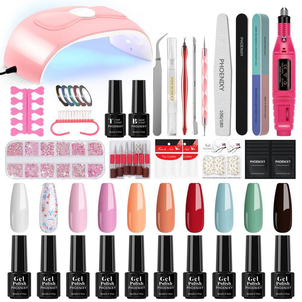 

Набор гель-лаков PHOENIXY, 5 мл, набор гель-лаков для замачивания, лампа для ногтей, 54 Вт, сушилка для ногтей, фреза для ногтей и базовое верхнее покрытие, стартовый набор для гель-лаков