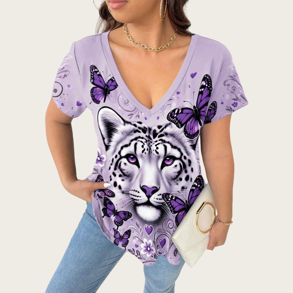 2025 Plus Size Women's V-Neck T-shirt with 3D Animal Print, Short Sleeves: European & American Style Casual Fashion
