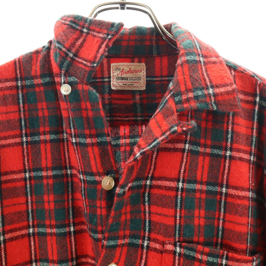 60s Vintage Wool Blend Check Pattern Long Sleeve Open Collar Shirt M Red Men's Used