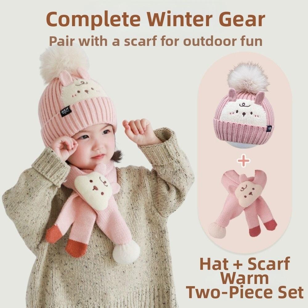 2Pcs Korean Style Children Hat Scarf Set Thickened Kid Pullover Cap Outdoor Activities