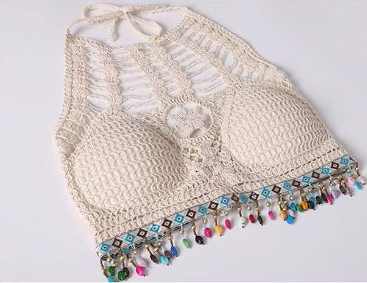 Bohemian Hollow Out Backless Halter Crop Top - Women's Sleeveless Summer Beach Camisole