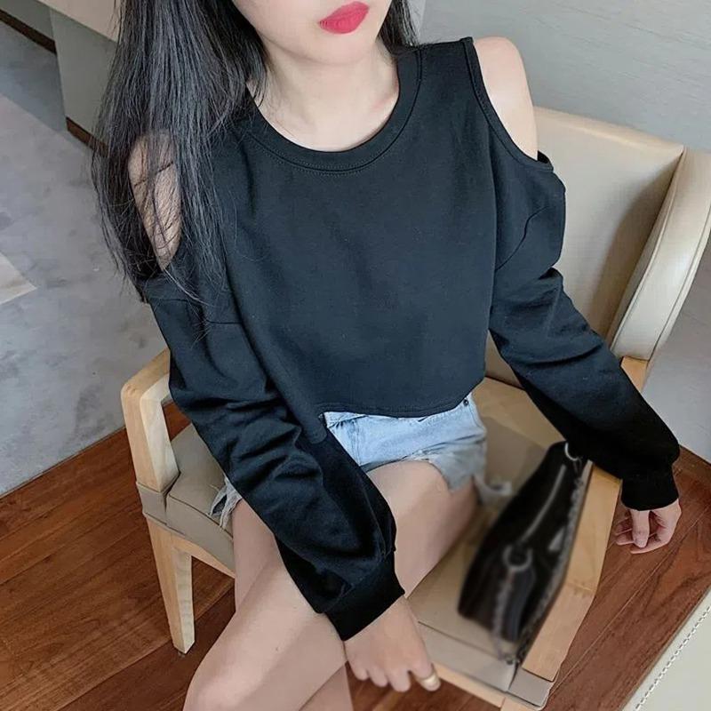 

Винтажные футболки с открытыми плечами для женщин, футболка с длинными рукавами, женская 2020 года, корейская, с круглым вырезом, свободная, однотонная, универсальная M