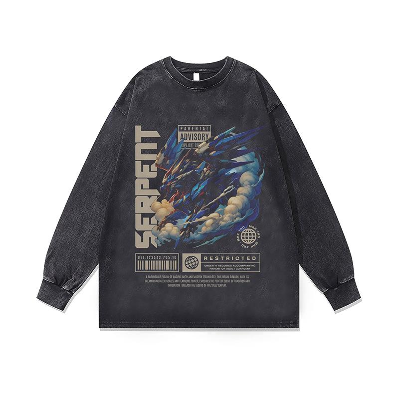 American Retro Heavy Cotton Long-Sleeved T-Shirt Men'S And Women'S Ukiyo-E Direct Injection Printing Washed Vintage Base T-Shirt