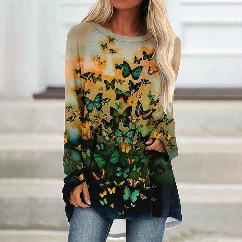 Plus Size Women Spring Butterfly Printed Comfy Long Sleeve Round Collar T-shirt Casual Baggy Mid Length Tee Tops
