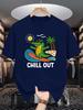 Unisex Crew Neck Tee Surfing Crocodile Chill Out Beach Art Print Soft Cotton Loose Short Sleeve Summer Casual Male Streetwear Tops