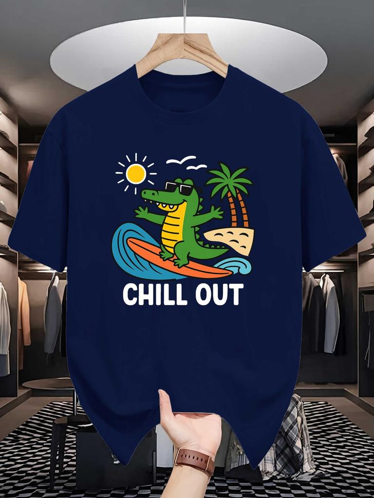Unisex Crew Neck Tee Surfing Crocodile Chill Out Beach Art Print Soft Cotton Loose Short Sleeve Summer Casual Male Streetwear Tops