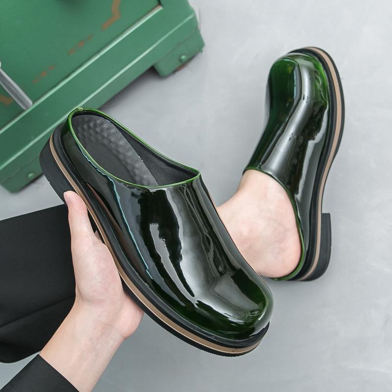 Summer half slippers men's one-foot platform leather shoes glossy patent leather Korean version trendy big-headed Boken slippers