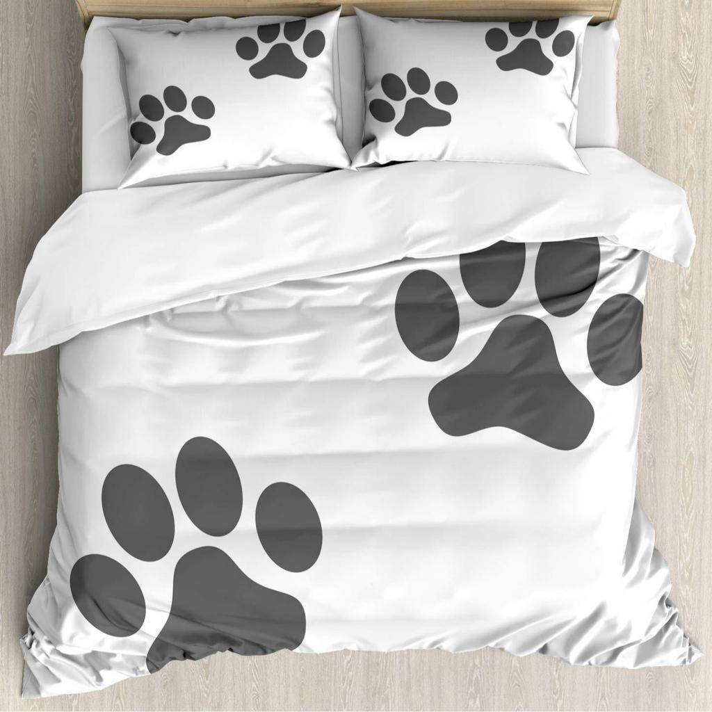 Dog Paw Print Duvet Cover Set Queen Size, Bone Pattern Bedding Set 3pcs For Kids Teens Room Decor, Pet Animals Comforter Covers