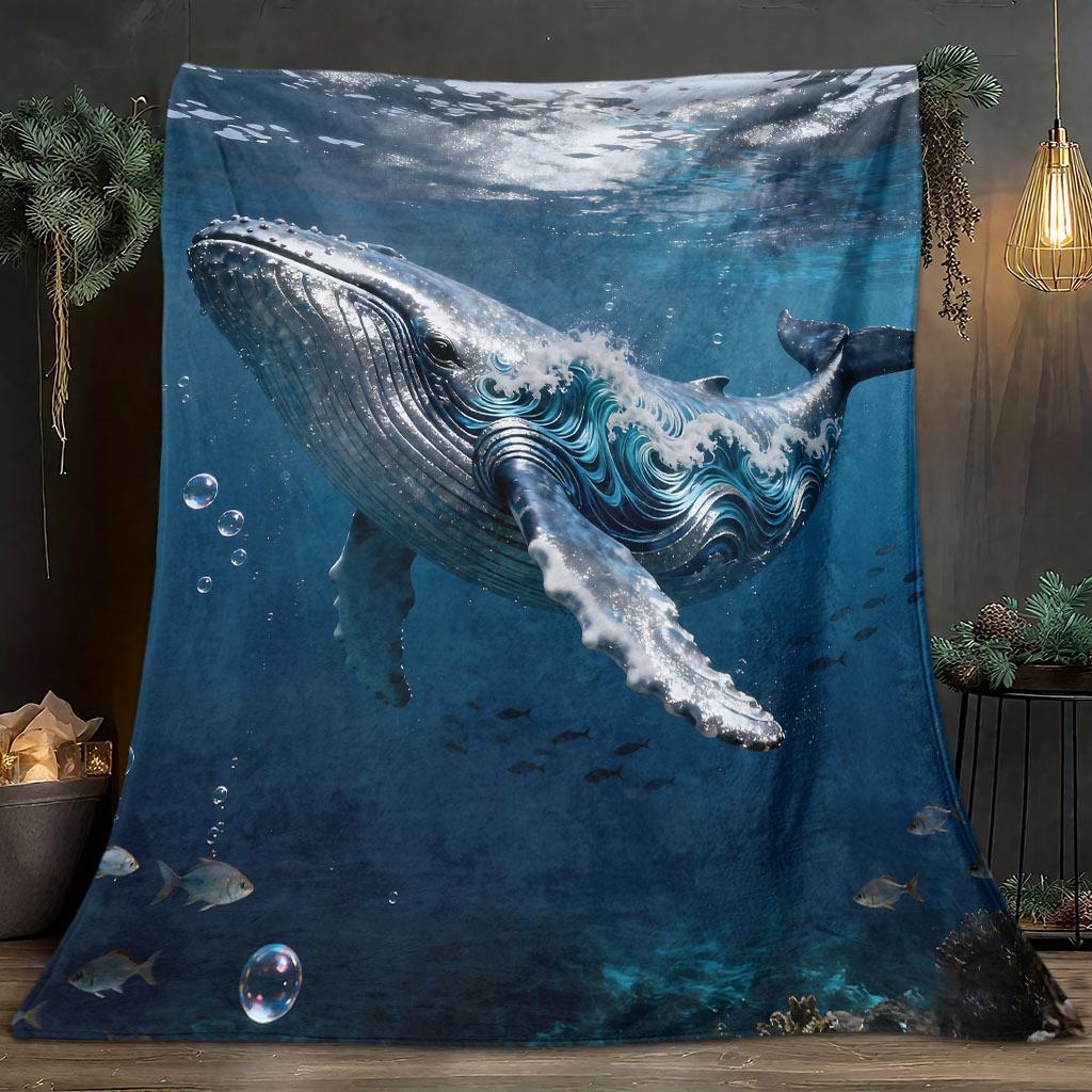 Cozy Deep Sea Whale Print Throw Blanket - Ocean Life Animal Motif Soft Lightweight Accent for Sofa Bed Travel Office Gift
