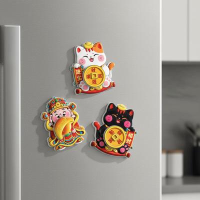Rotatable New Year Magnetic Sticker Cartoon Reusable Lucky Cat Fridge Magnets Festive God of Wealth 3D Refrigerator Magnets