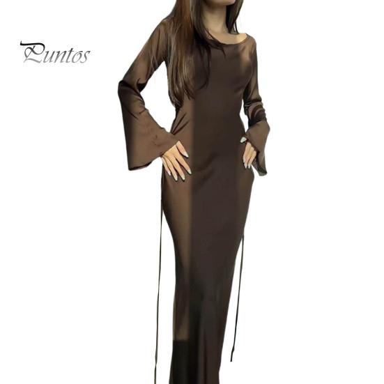 

Весеннее женское платье, однотонное, с круглым вырезом, с длинным рукавом, атласное, длиной до пола, с узкой талией, мягкое дышащее вечернее платье, вечернее платье для выпускного вечера, макси-платье M коричневый