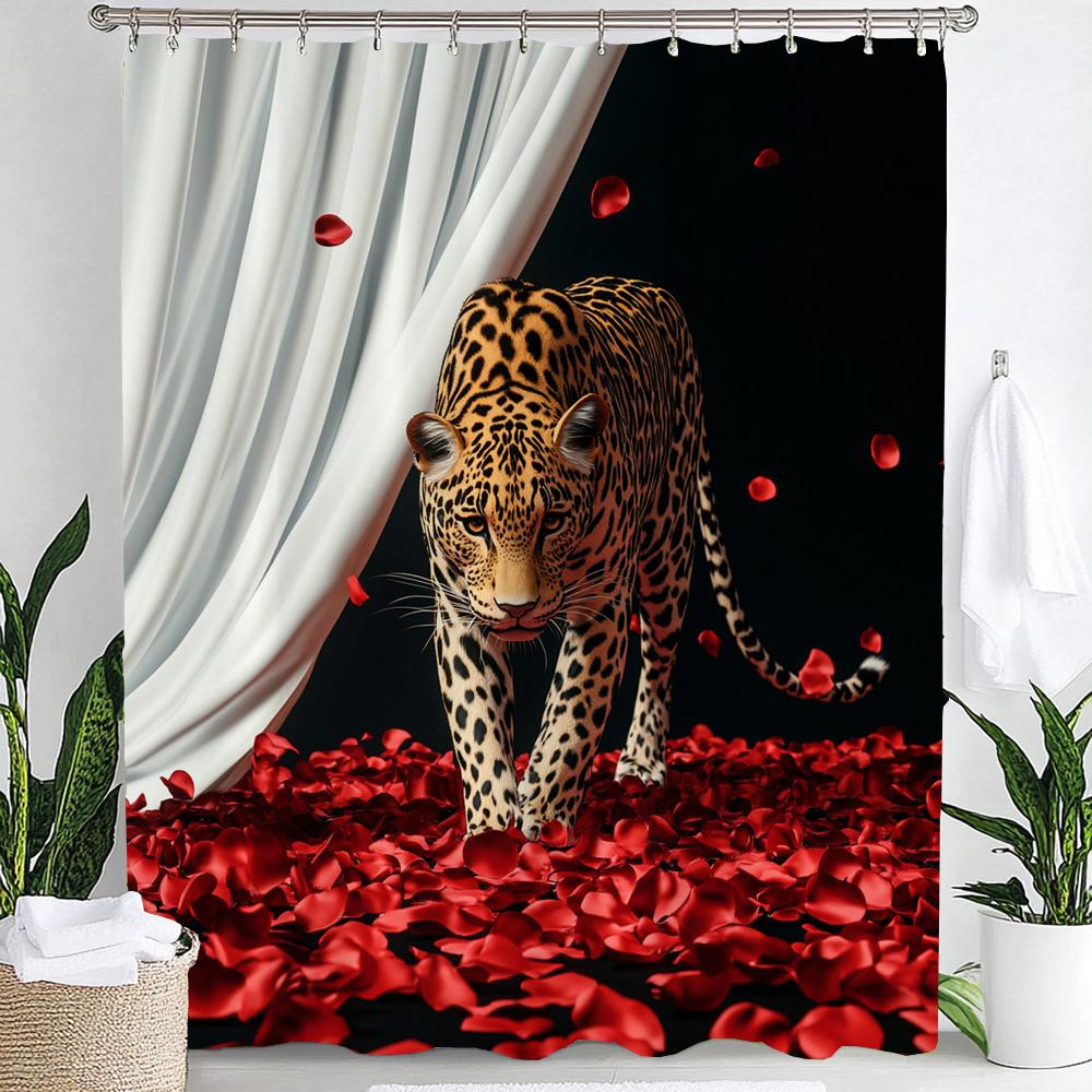 1Pc Red Rose, Flowers And Leopard Print Waterproof Shower Partition Privacy Hanging Curtain With Hooks Machine Washable
