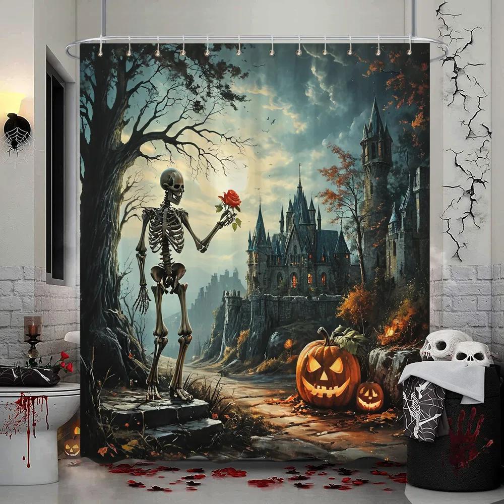 Halloween Shower Curtain Trick or Treat Skeleton Naughty Elf Castle Pumpkin Polyester Shower Curtains Bathroom Decor