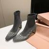 Fashion New Cowhide/suede 6.5cm High Heel Elastic Slimming Boots Autumn Winter Women Pearl/Rivet Style Fashion Ankle Boots Size 34-42