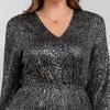Women's Plus Size Sexy Solid Color Hot Silver Elastic Waist Midi Dress Slim V-Neck Long Sleeve Dress