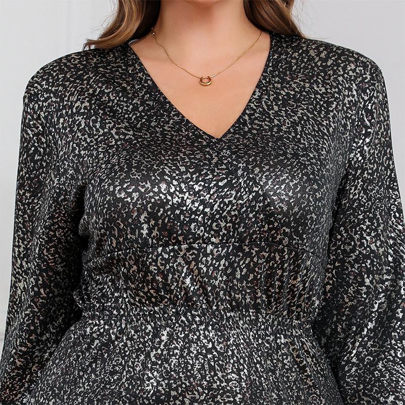 Women's Plus Size Sexy Solid Color Hot Silver Elastic Waist Midi Dress Slim V-Neck Long Sleeve Dress