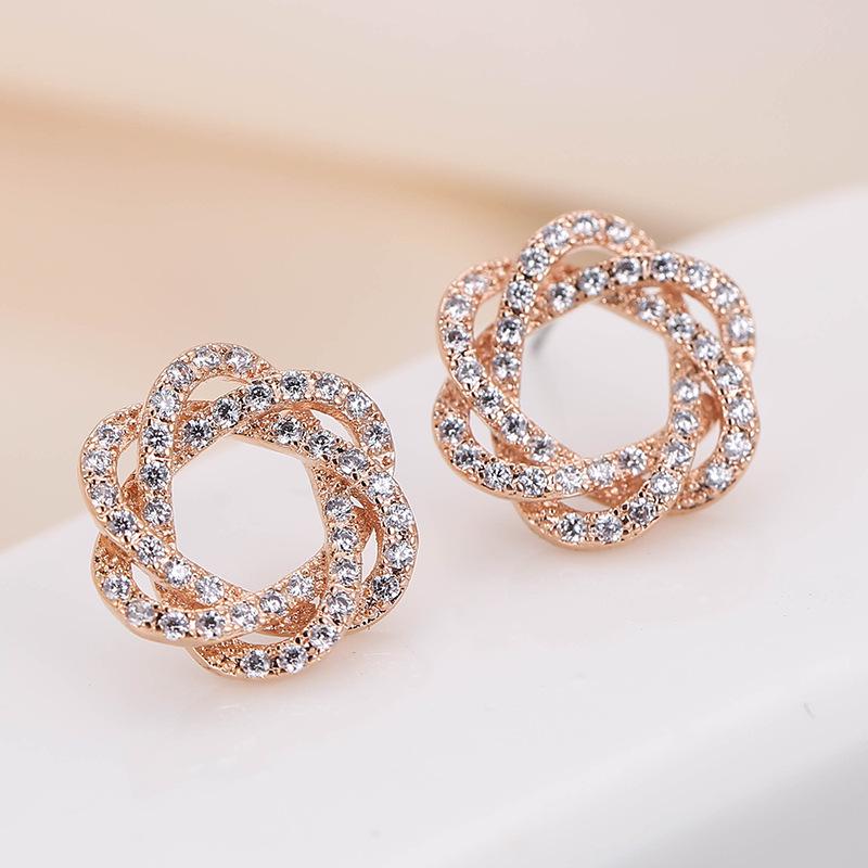 Elegant Pure Copper Geometric Diamond-Inlaid Stud Earrings