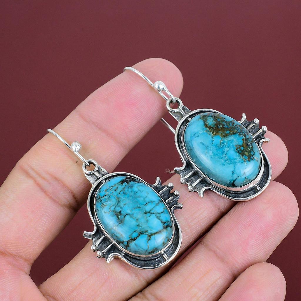 Tibetan Turquoise Earring Natural Gemstone Earrings 925 Sterling Silver Earring Handmade Jewelry Antique Earring Gifts For Mom Women Earring