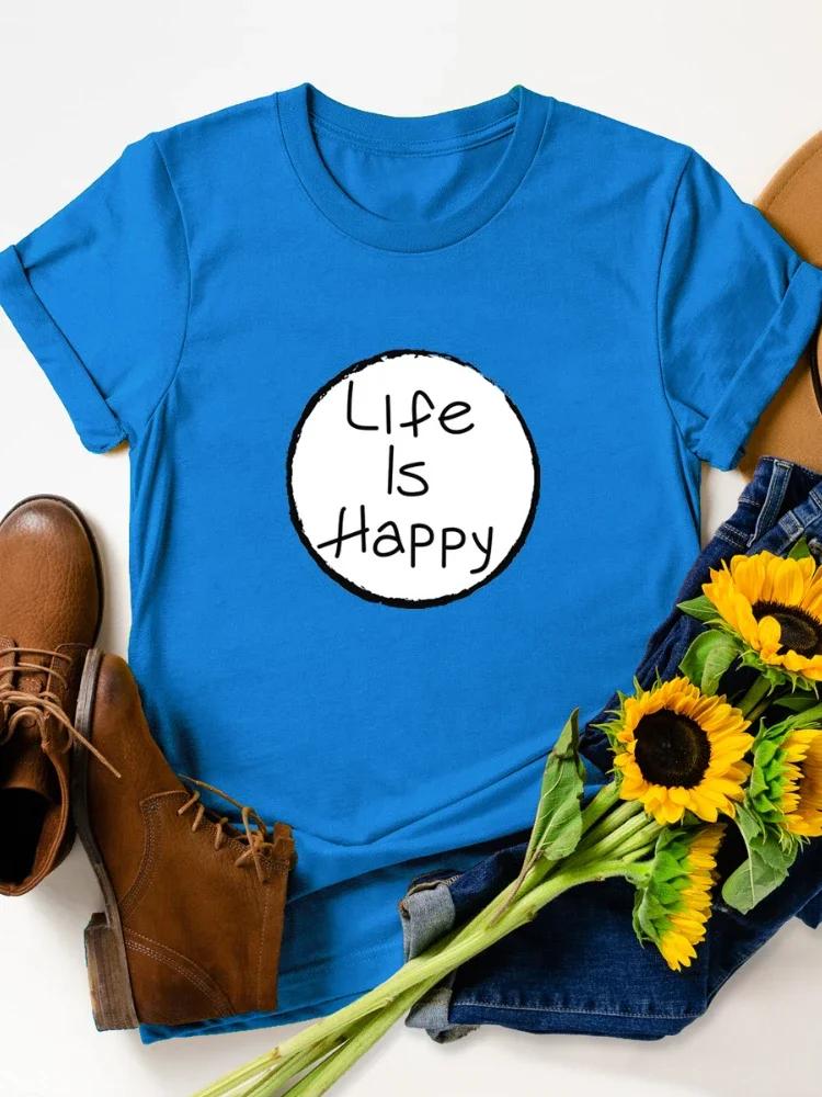 Life Is Happy Circle Print Women T Shirt Short Sleeve O Neck Loose Women Tshirt Ladies Tee Shirt Tops Clothes Camisetas Mujer