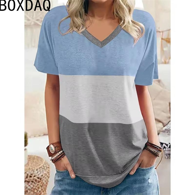 

Women Short Sleeve V-Neck T-Shirt Fashion Simple Colorful Stripe Printed Spliced Tops Big S