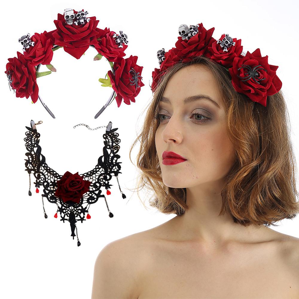 Skull Rose Hair Bands & Necklace Set Novelty Day of The Dead Headpiece for Women