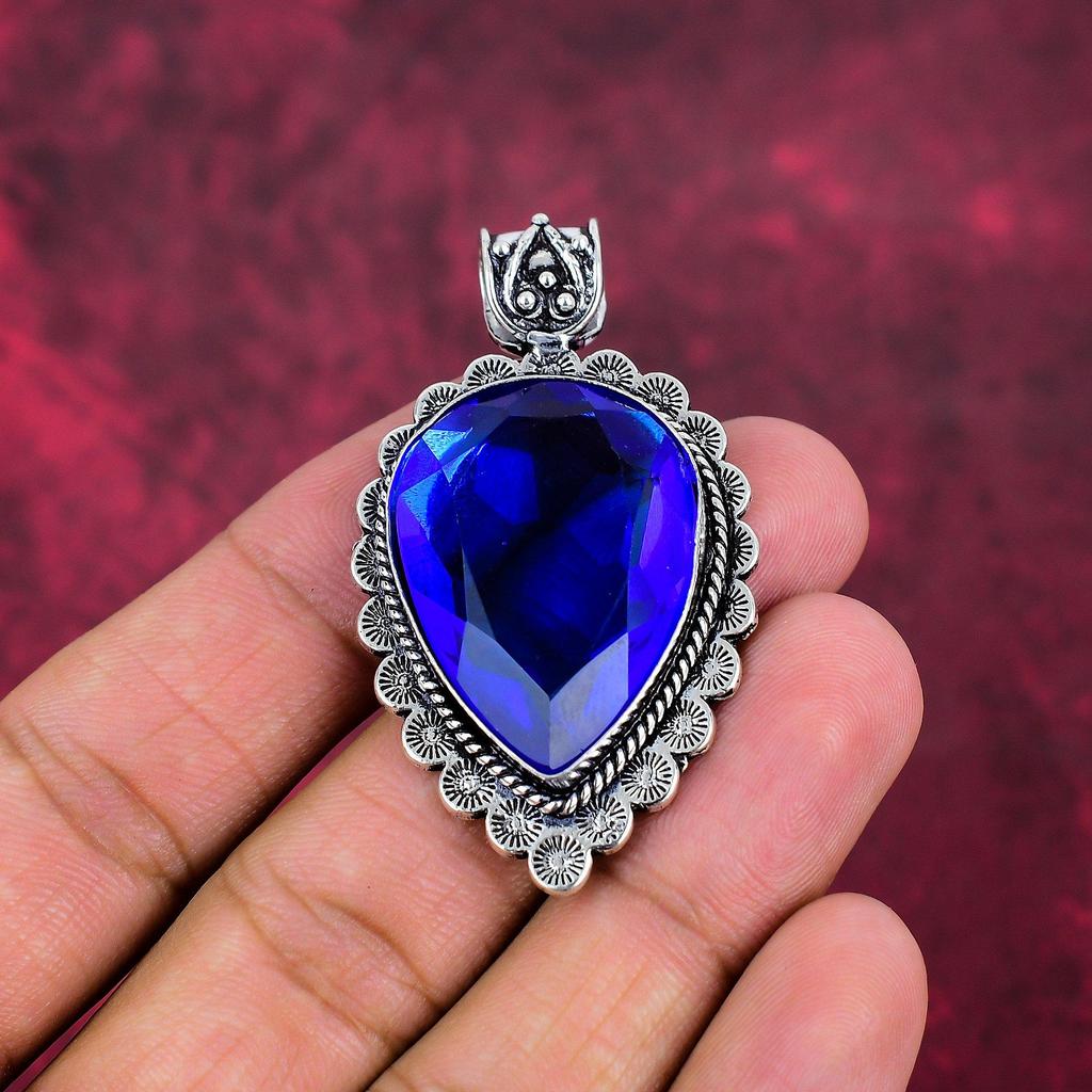 Blauer Saphir Anhänger, handgefertigter Edelstein Anhänger, 925 Sterling Silber Anhänger Antiker Schmuck, Verlobungsgeschenk