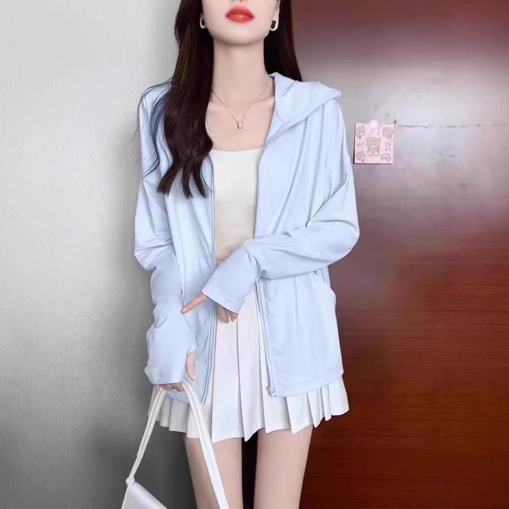 

2024 Summer Loose Long Sleeve Zip-Up Hooded Sunscreen Cardigan M білий
