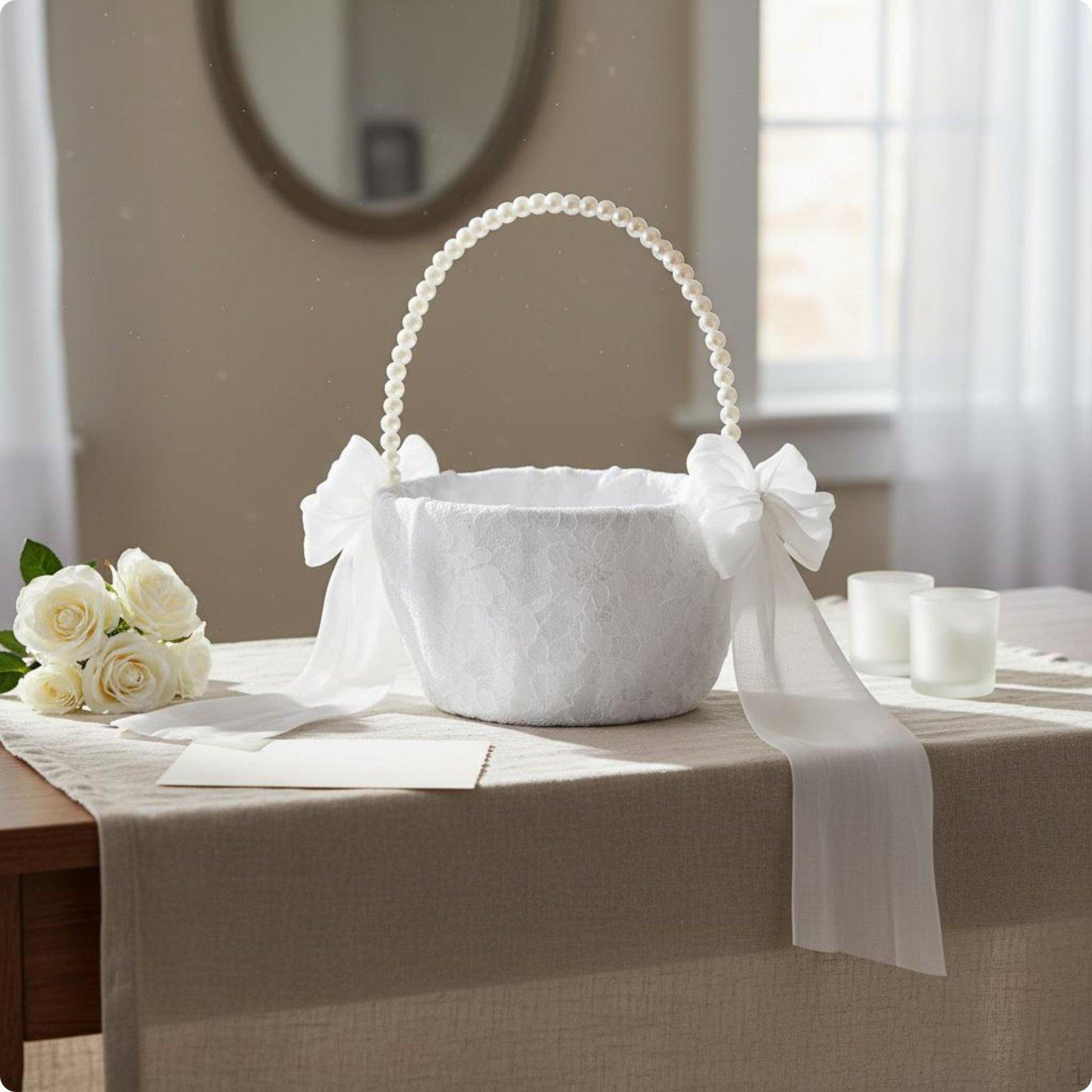 Flower Girl Basket Diaphanous Overlay Bridal Elegant Design for Brides White