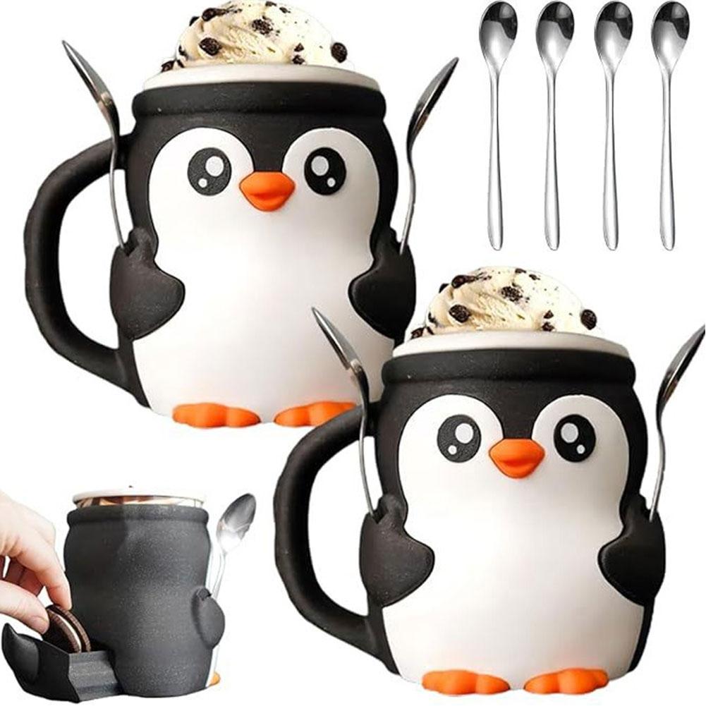 3D Print Penguin Ice Cream Sleeve Leak Proof Cup Holder Spoon Slot Secret Snack Drawer Cute Penguin Storage Organizer For Snack