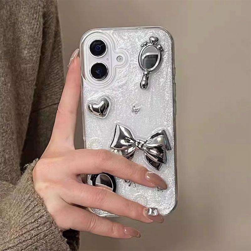 Electroplated Magic Mirror Butterfly Bow Love Phone Case for IPhone 16 Promax Drip Glue Sparkling Powder for Apple 17 Women's Edition