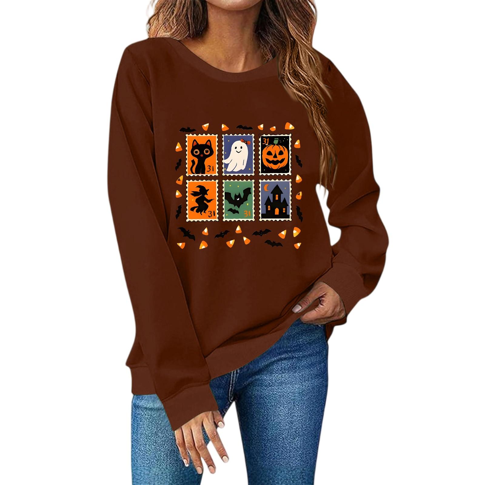 

Женская мода повседневный принт повседневный длинный рукав круглый вырез толстовка топ S кофейный