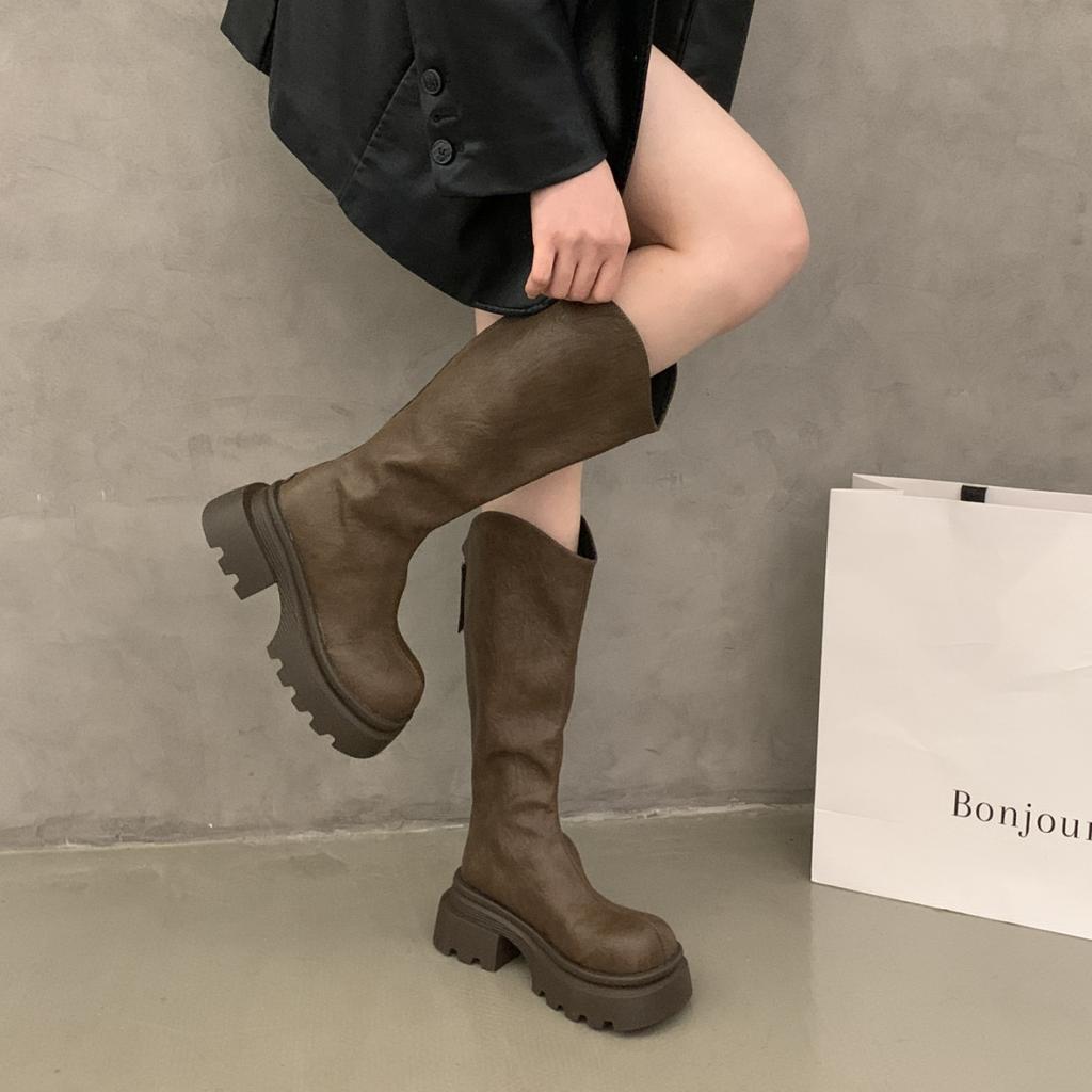 Large size women's shoes size 41-43 but knee V-mouth boots autumn and winter fashion thick-soled thin boots Spice girls black knight boots