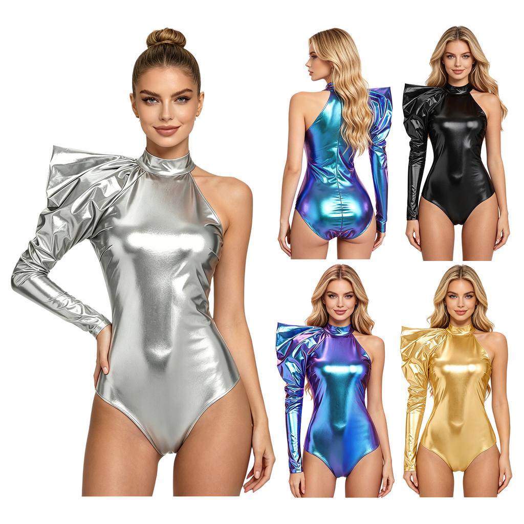 Women Metallic Shiny Bodysuit Dramatic Puff Sleeve Long Sleeve One Shoulder Mock Neck Asymmetrical Leotard