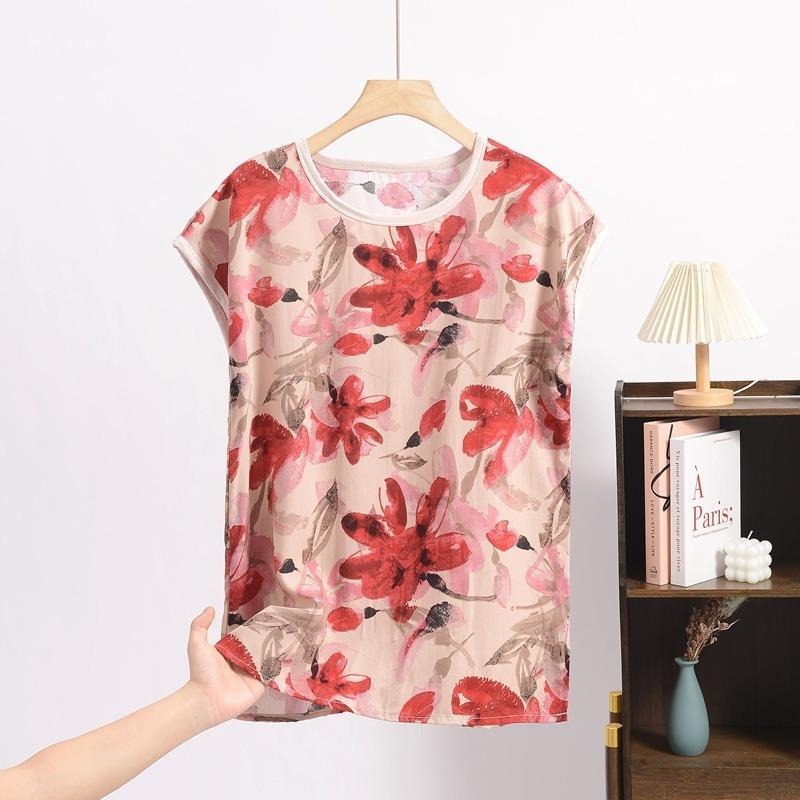 Dam Silke Jacquard Rundhals Kortärmad Tunn Mamma T-shirt Sommar Stor Storlek Blommig Bekväm Andningsbar Mångsidig Lös Topp