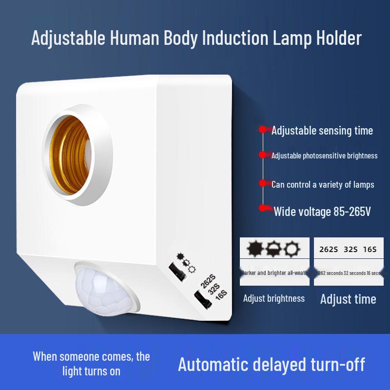 Infrared Motion Sensor E27 Lamp Holder with Sound and Light Control for 86 Type Corridors, Intelligent Delay, Surface Mount