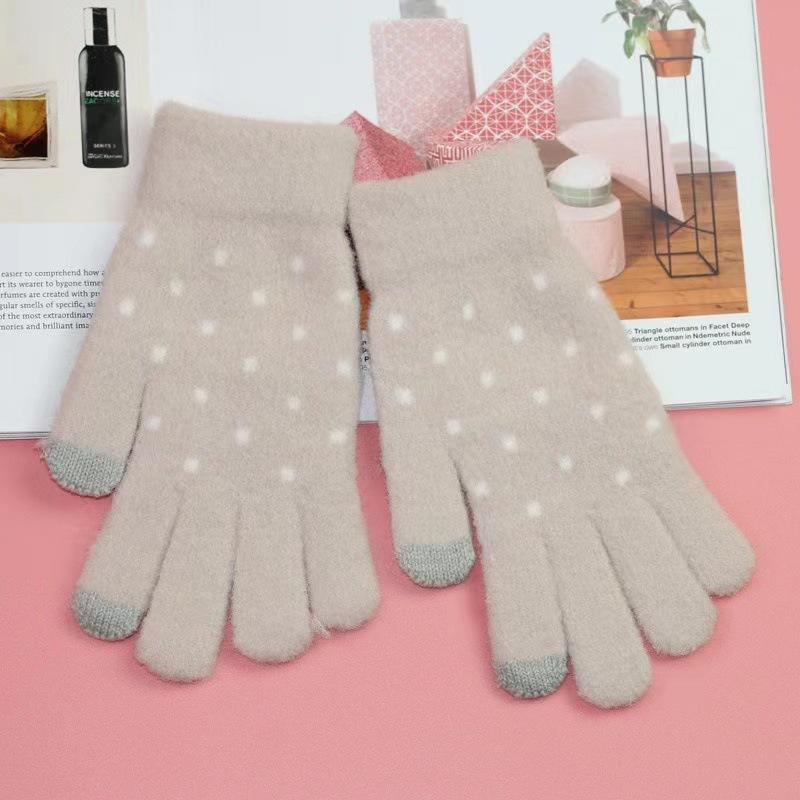 Cute Wool Gloves Knitted Korean Version of Diandian Warm and Plush Cycling Gloves Japanese Autumn and Winter Five-fingered Women