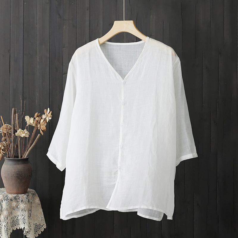 2024 Summer Lightweight Cotton Linen V-Neck Blouse - Zen Style, Plus Size, Mid-Sleeve, Comfortable, White Shirt