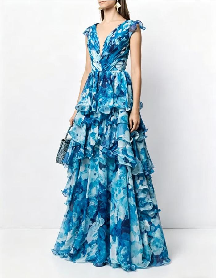 New Spring and Summer Off-the-shoulder European and American Women's Clothing Fashion Chiffon Printing Fairy Long Temperament Evening Dress Dress