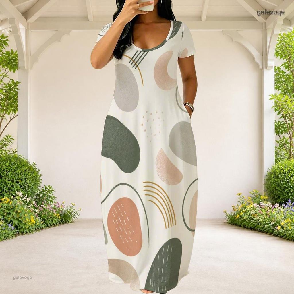 Women Plus Size Round Neck Short Sleeve Abstract Printed Loose Maxi Dress With Side Pockets