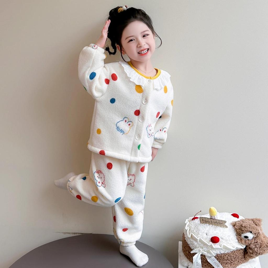 Kinder Winter Flannel Schlafanzug Set - Koralle, Samt, Verdicktes Trendiges Design für Mädchen