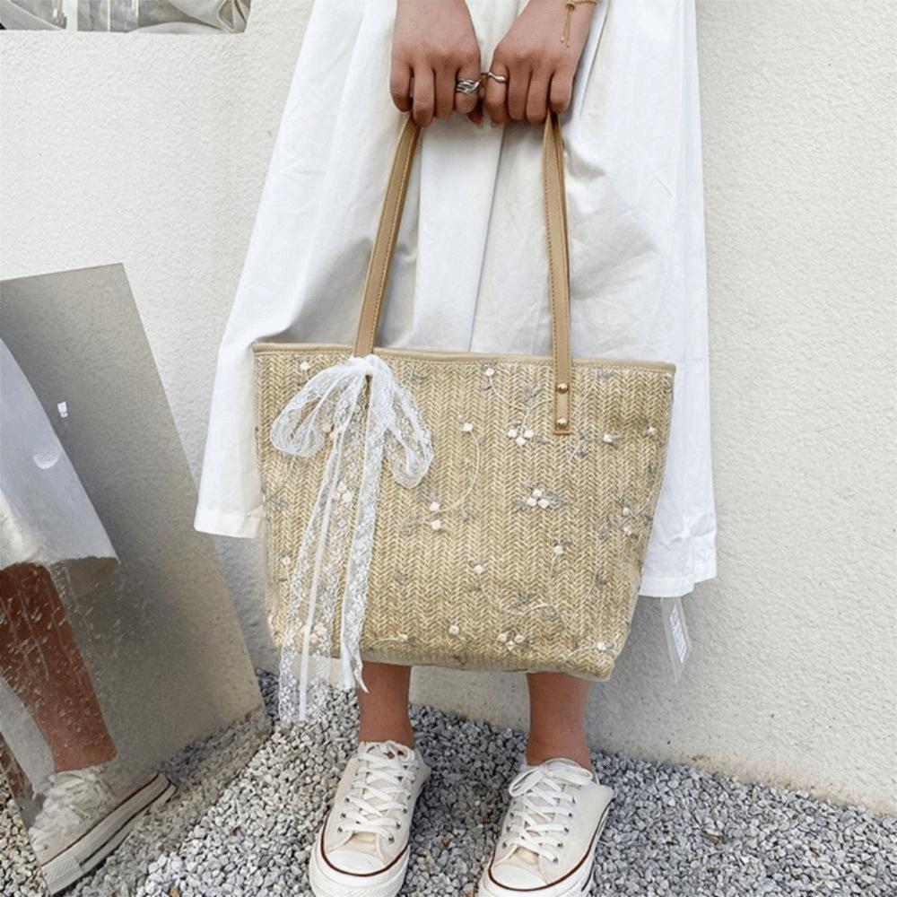 Single Shoulder Large Capacity Straw Woven Shoulder Bag Portable Handmade Shopping Bag Lace Tote Bag Female