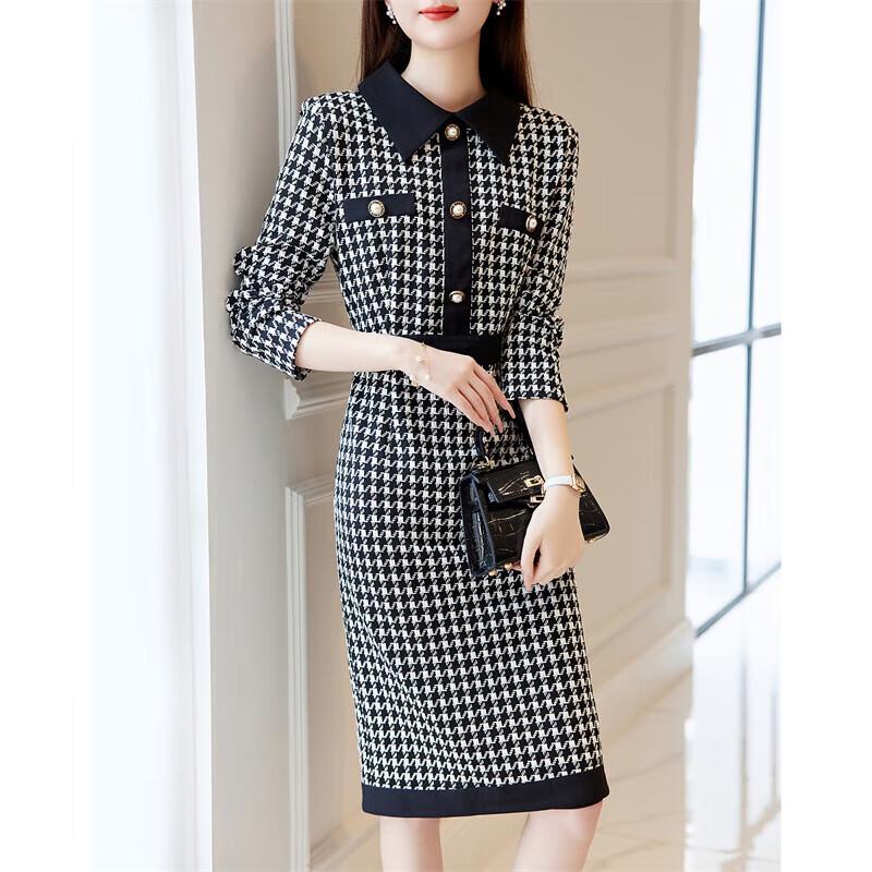 Women's Houndstooth Lapel Long-Sleeve Dress