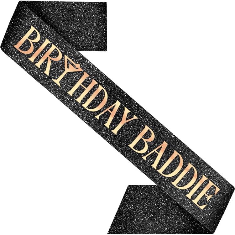 PartyForever Birthday Baddie Sash – Black Glitter Sash with Rose Gold Letters & Martini Icon + Luxe Pearl Pin | Birthday Sash for Women 21st 30th