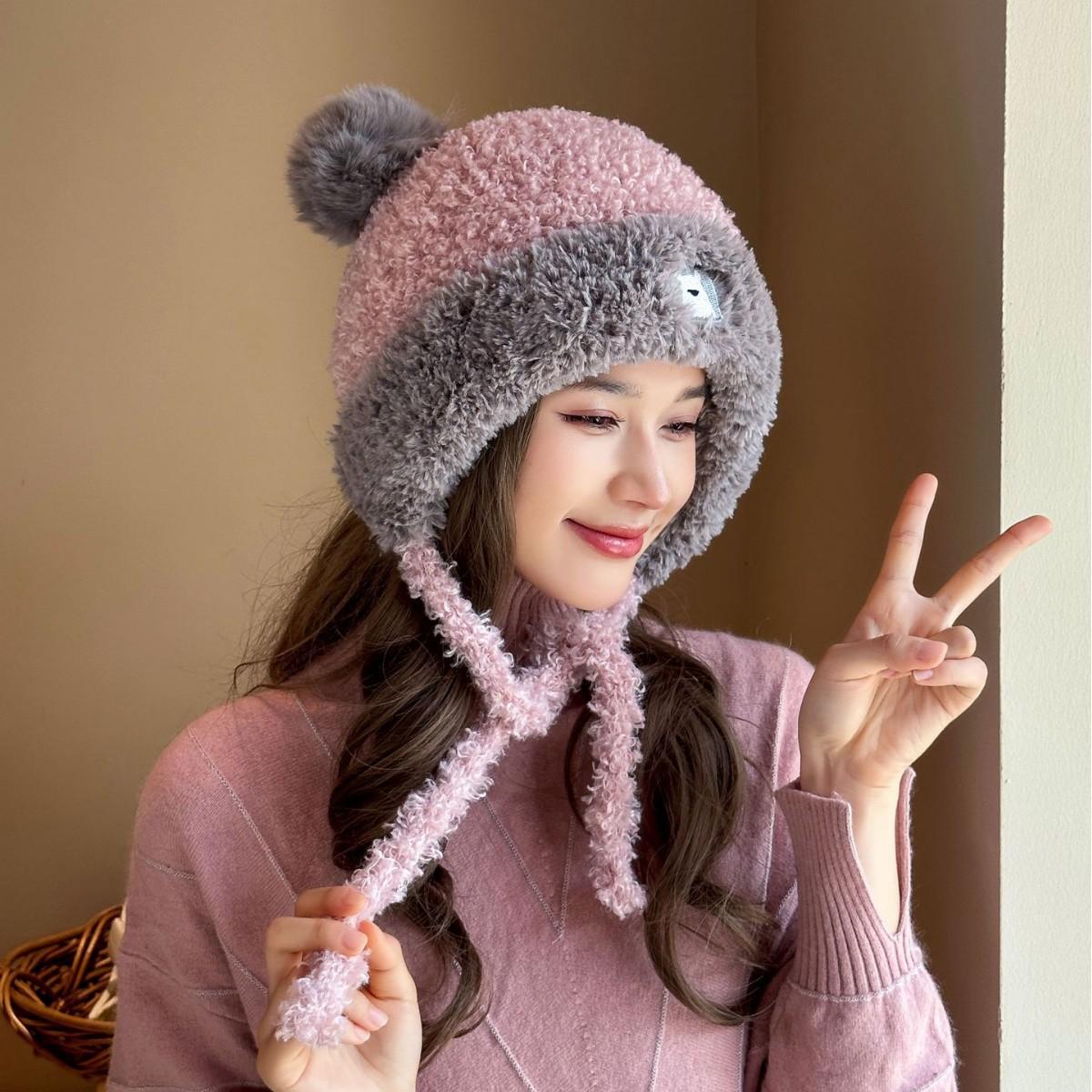 

Cute Little Bear Plus Velvet Hat for Women In Autumn and Winter New Korean Style Knitted Hat Versatile Warm Ear Protection Fashion Wool Hat one size