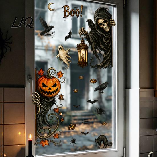 Nightmare Theme Room Decor 6Pcs Halloween Window Stickers, Ghost Pumpkin Grim Reaper Wall Decals, Large Decorative Scene Murals Self-Adhesive