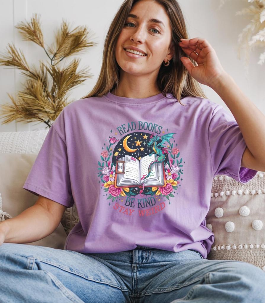 Read Books Dragon Graphic Tee – Be Kind Stay Weird Literary Shirt and kids tshirt