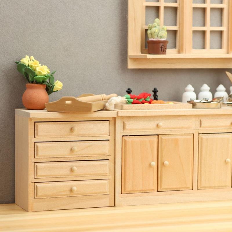 Dollhouses Miniature Cabinet Wooden Kitchen Scene Display Accessories 1/12 Unpainted Furniture Craft Project Supply