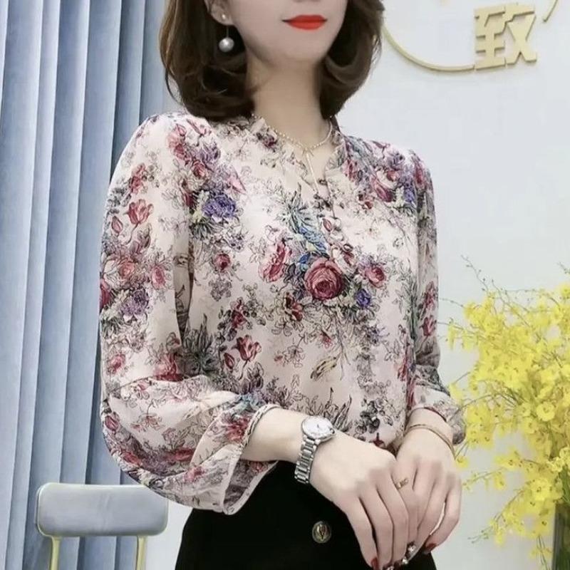 Shirt Women's  Early Spring New V-Neck Patchwork Fashion Printed Loose Lantern Sleeves Slimming Chiffon Tops