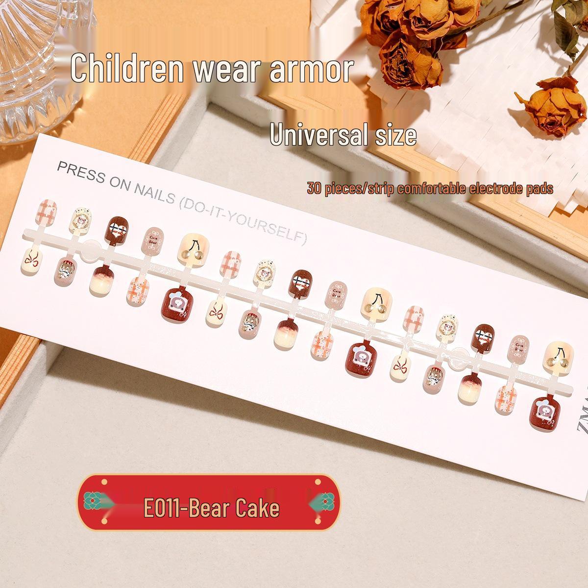 

E011 Cute Bear Cake Nail Art for Kids: Pre-made, One-Size Wearable Nails